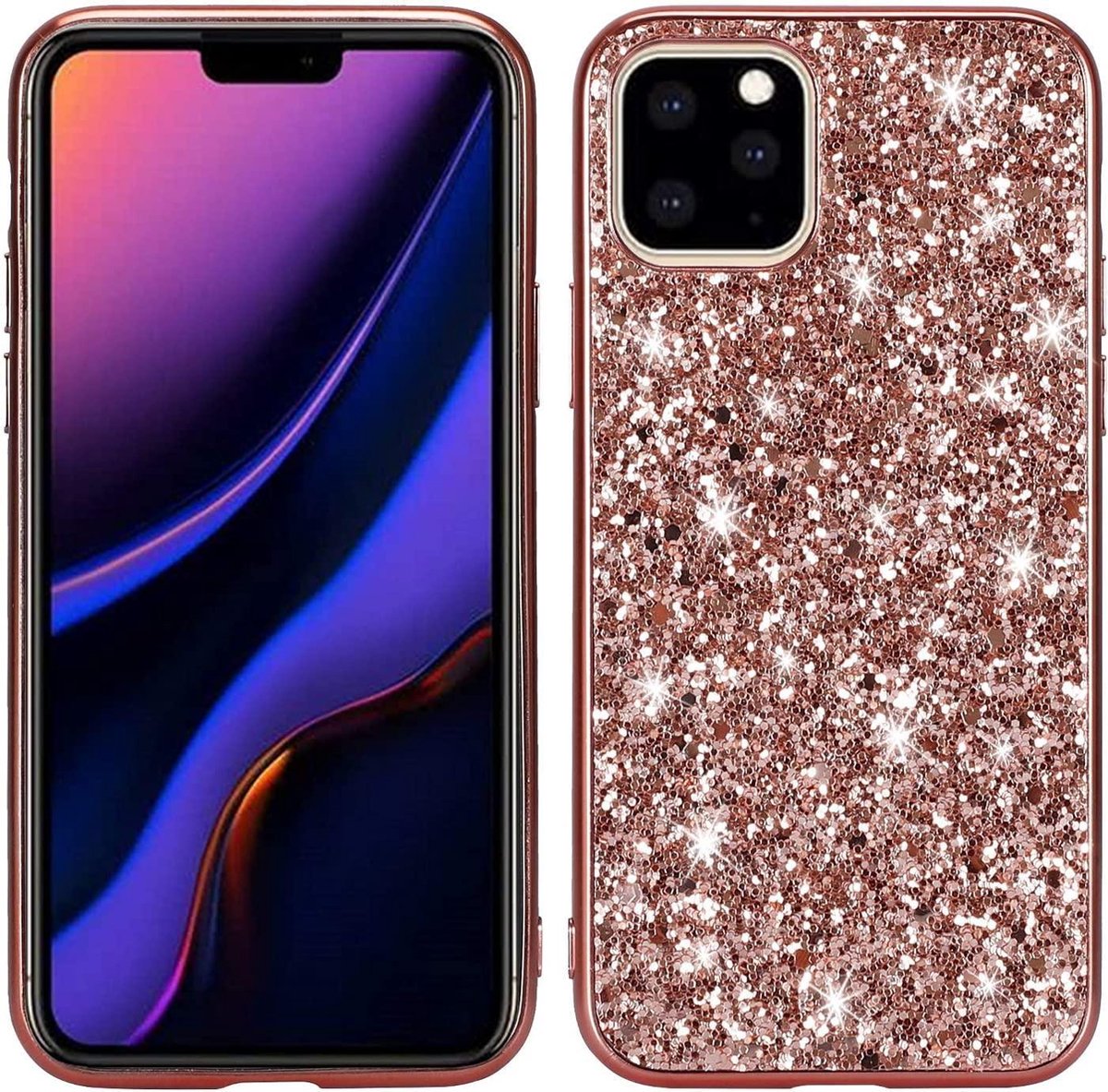 Geschikt voor Apple iPhone 12 Pro Backcover - Roze - Glitters - Hard PC Hoesje