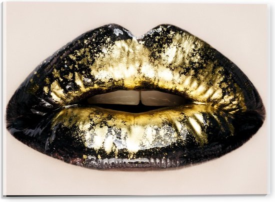 Acrylglas - Lippen met Goud en Zwart - 40x30cm Foto op Acrylglas (Wanddecoratie op Acrylglas)