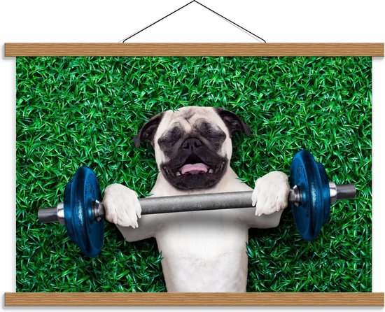 Schoolplaat – Hond met Gewicht in Gras - 60x40cm Foto op Textielposter (Wanddecoratie op Schoolplaat)