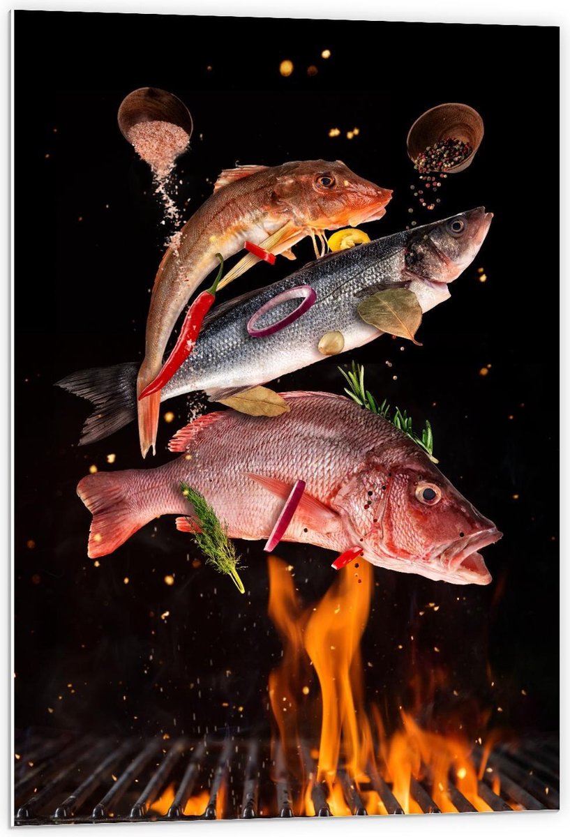 Forex - Vissen met Specerijen op de BBQ - 60x90cm Foto op Forex