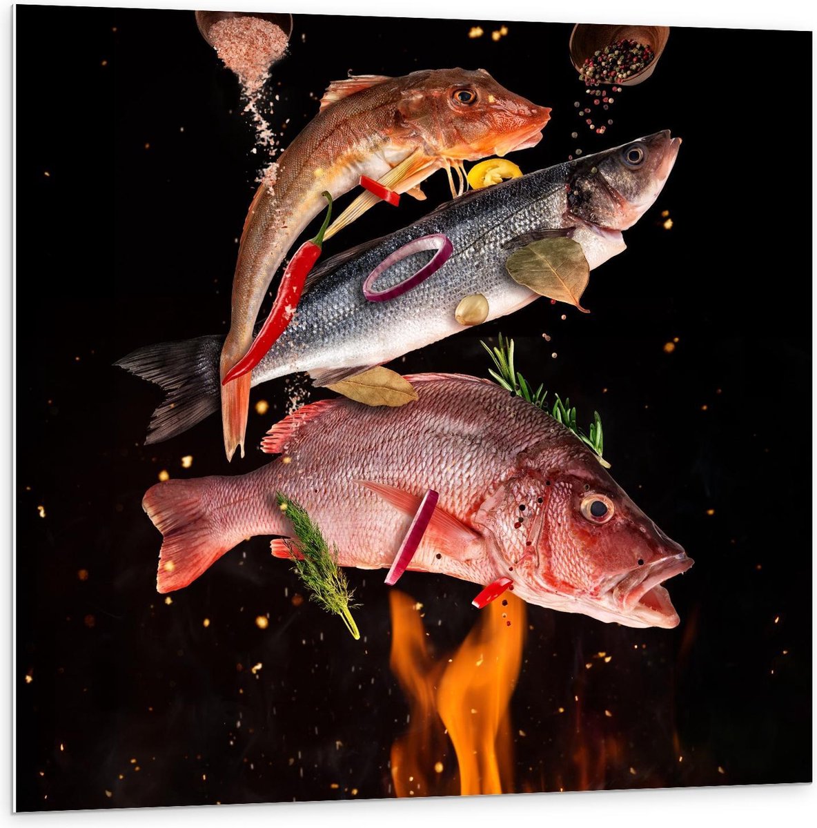 Forex - Vissen met Specerijen op de BBQ - 100x100cm Foto op Forex