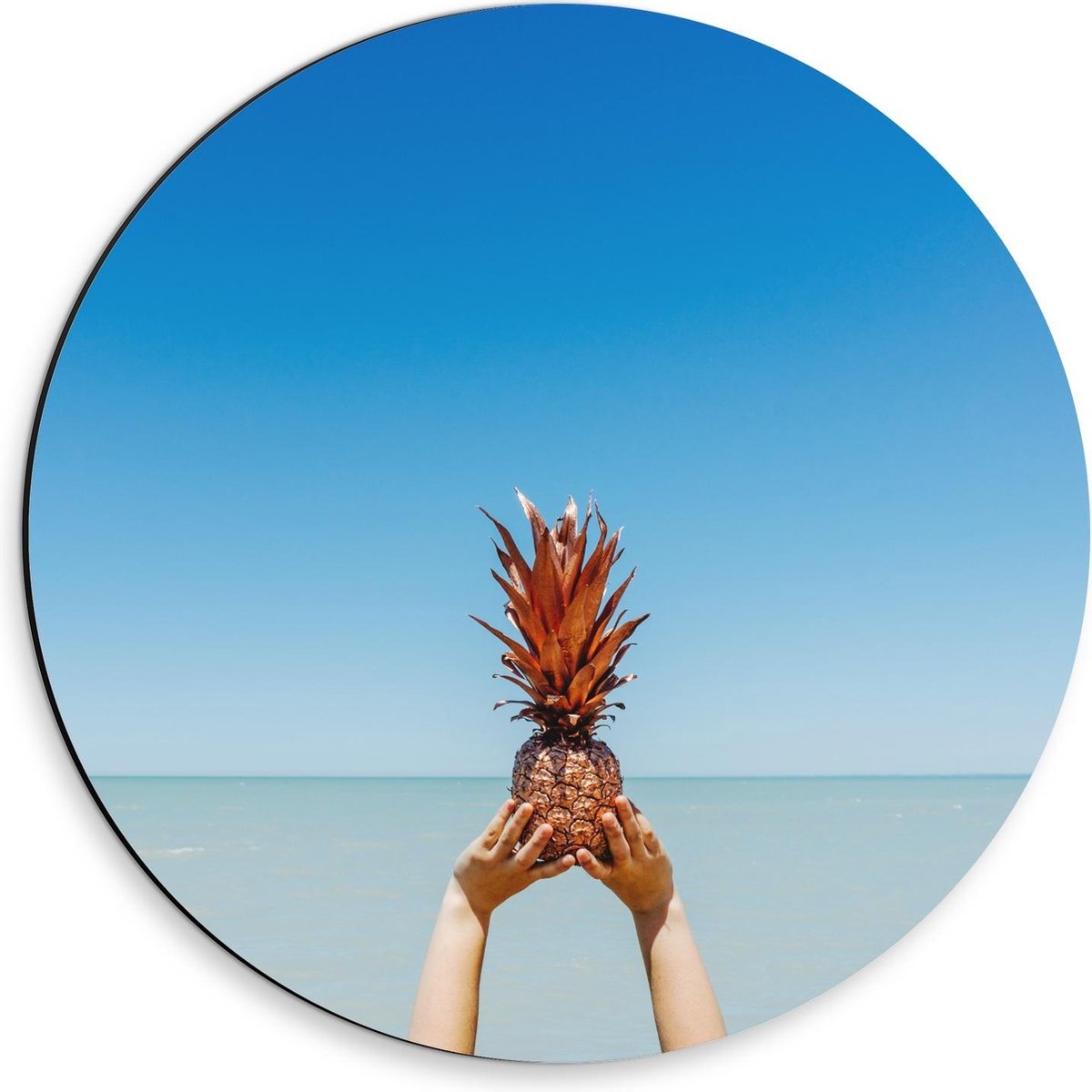Dibond Wandcirkel - Gouden Ananas bij Zee - 30x30cm Foto op Aluminium Wandcirkel (met ophangsysteem)