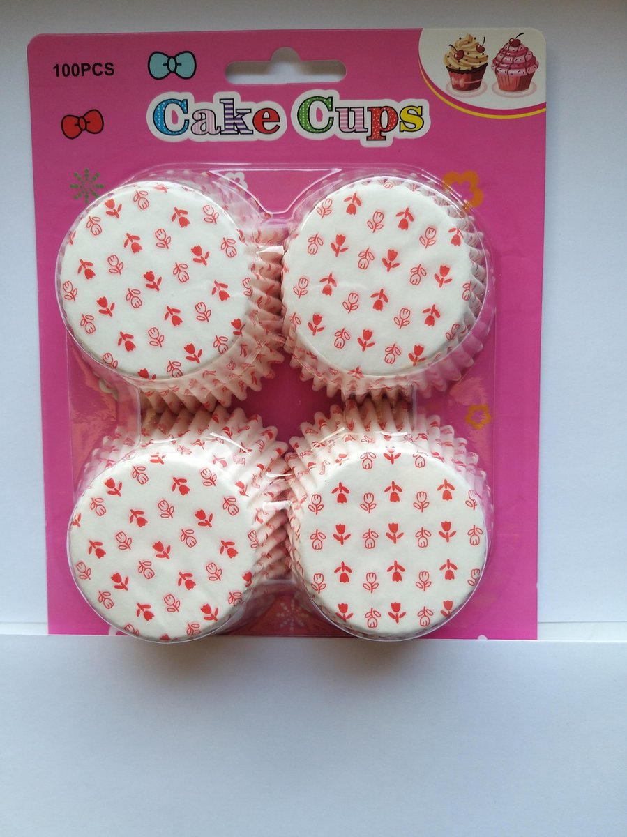 Cupcake Vormpjes Papier - Muffin Vormpjes - 100 Stuks - Diameter 5 cm - Wit met roze tulpen