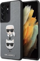 Zilver hoesje van Karl Lagerfeld - Backcover - Samsung Galaxy S21 Ultra - Saffiano Ikonik Karl and Choupette Head