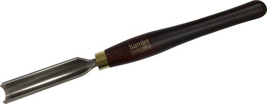 Een afruwguts van Hamlet met een metalen lemmet en een donkerhouten handvat met gouden ring en merknaam.