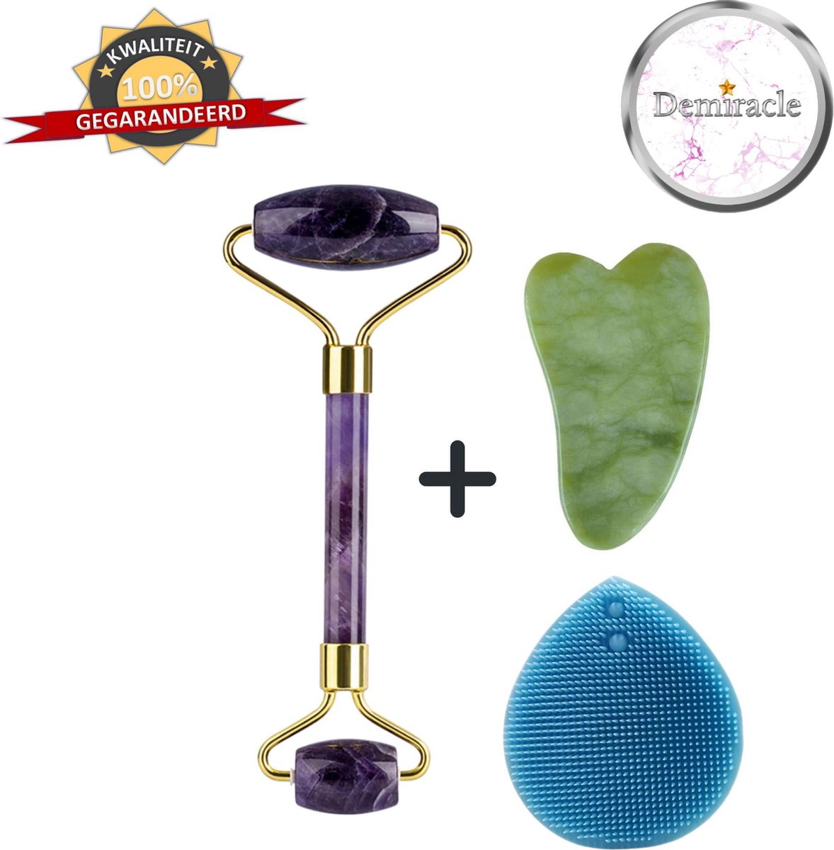 Demiracle Amethist Face Roller met Gua Sha Schraper en Blauwe Siliconen Gezichtsborstel - Gezichtsroller - Massage Roller - Jade Roller - Rimpelverwijdering - Ontspanning