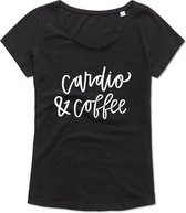 Dames Fitness T-Shirt - Gym T-shirt - Work Out T-shirt - Sport T-Shirt - Regular Fit T-Shirt - Fun - Fun Tekst -  Sporten - Cardio & Coffee - Zwart - Maat M