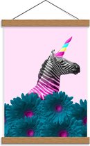 Schoolplaat – Zebra als Eenhoorn met Bloemen - 30x40cm Foto op Textielposter (Wanddecoratie op Schoolplaat)