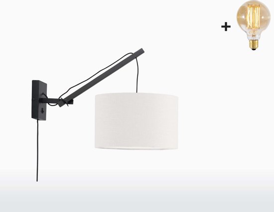 Wandlamp met Korte Arm - ANDES - Zwart Bamboe - Wit Linnen - Met LED-lamp