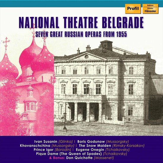 National Theatre Belgrade: Zeven grote Russische opera's uit 1955. Omslag toont een gebouw en een kerk in roze tinten.