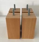 Set van 4 houten meubelpoten Natuurkleur beuken 10 cm hoogte 7x7 cm met M8 draadeinde Boxspring bedden banken