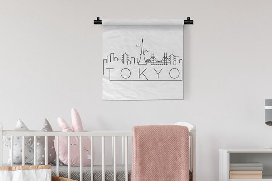 Tapisserie Villes du monde - Skyline Tokyo noir sur blanc Tapisserie coton 60x60 cm - Tapisserie avec photo