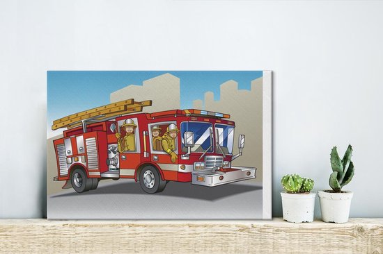 Illustration pour enfants de pompiers en camion de pompiers 60x40 cm -  Tirage photo