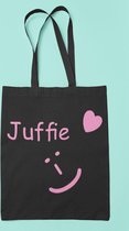 zwarte draagtas met roze opdruk - JUFFIE - cadeau voor de juf - katoenen tasje - cadeautje