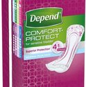 Doos 'Depend COMFORT-PROTECT'. Toont een incontinentieverband, 4-in-1 technologie en 12 pads.