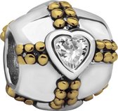 Quiges - 925 - Zilveren - Bedels -Sterling zilver - Beads - 14 Karaat Verguld Patroon met Zirkonia Hart Kraal Charm - Geschikt – voor - alle bekende merken - Armband Z379