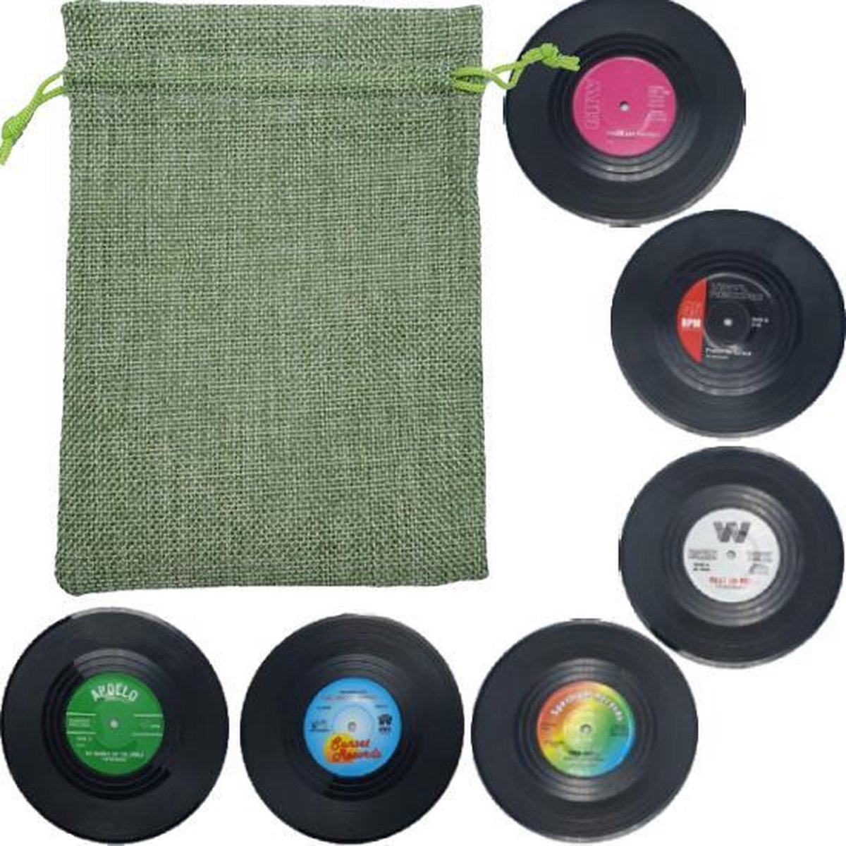 Retro LP Vinyl Onderzetters - 6 stuks – Met Groen Opbergzakje - oDaani