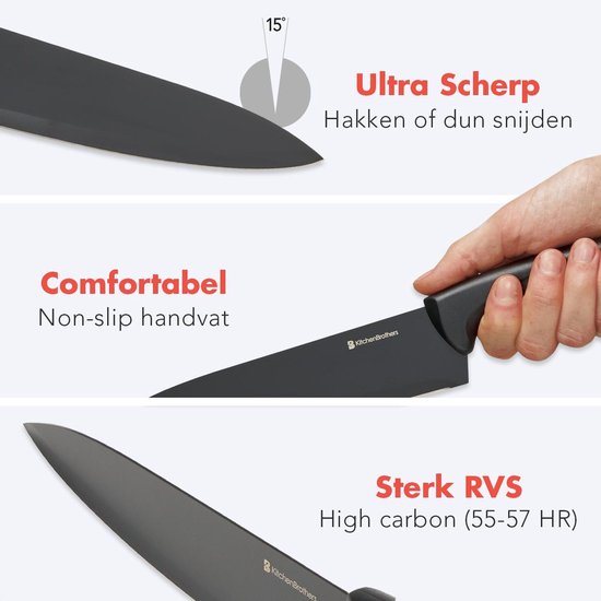 Close-up van ultra scherp, comfortabel anti-slip handvat en sterk RVS mes