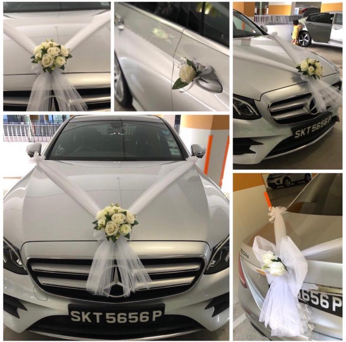 AUTODECO.NL - SANDRA Luxe Trouwauto Versiering - Autodecoratie Bruiloft - Bloemen voor op de Motorkap Huwelijk - Tule Linten met Bloemstuk - Grote Strik voor Achter de Bruidsauto