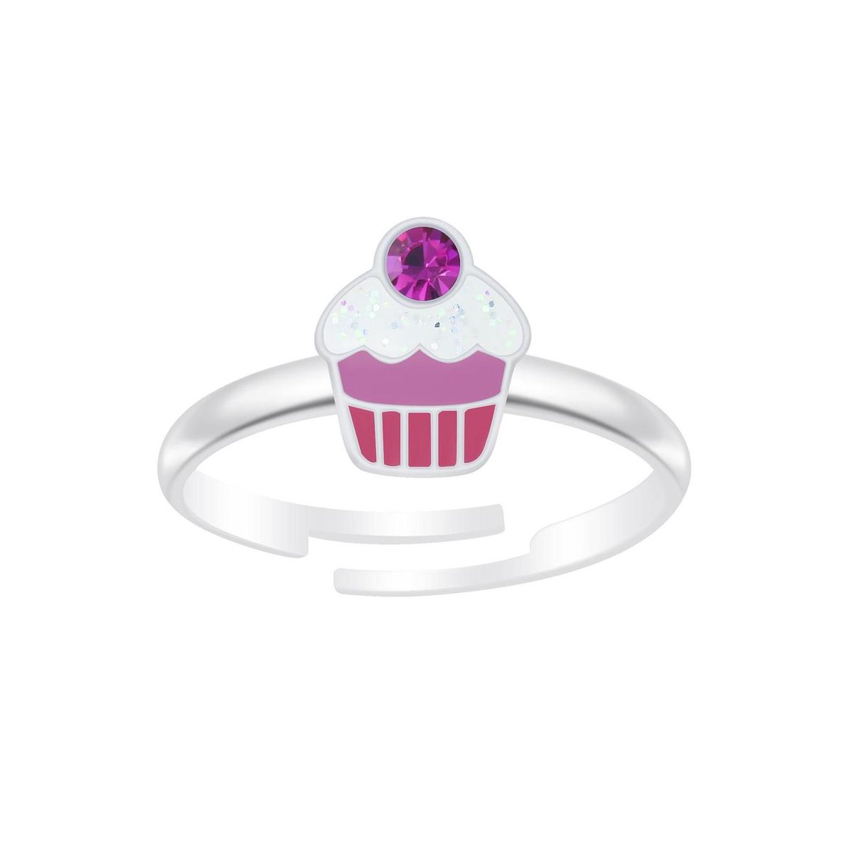 WeLoveSilver - Zilveren kinderring - verstelbaar - cupcake & kristal