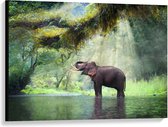 Canvas  - Spelende Olifant in het Water - 100x75cm Foto op Canvas Schilderij (Wanddecoratie op Canvas)