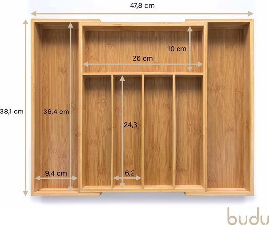 Bestekbak Budu # 38 - Bestekbak Bamboe - Bestekbak Extensible - 7 compartiments - Cassette à Bestekbak Bois - Ajustable - Organisateur - Ranger à Couverts - 38 x 29,5 - 47,8 cm