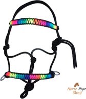 Rijhalster ‘Rainbow-zwart’ maat Cob | zwart, neon, regenboog, touwproducten, halster, rijden, hoofdstel, touwhalster