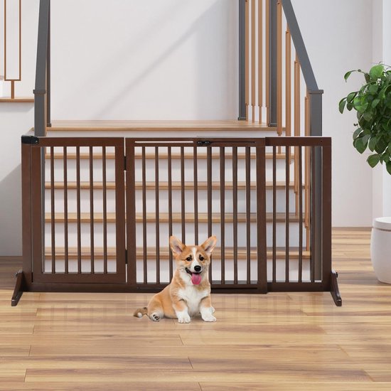 Hondenhek - Honden hek - Dog barrier - traphekje zonder boren - traphek - LxH 113-116 x 71 cm - Koffiebruin