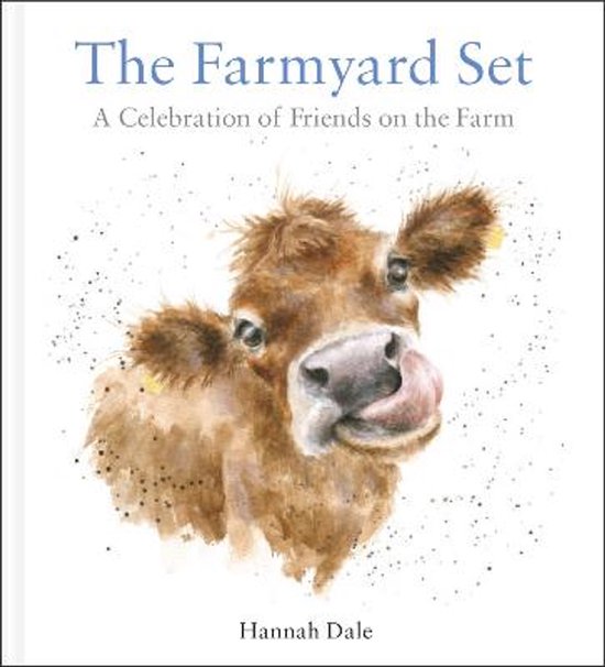 Boek kaft met een schilderij van een bruine koe die haar tong uitsteekt, met de titel 'The Farmyard Set'.