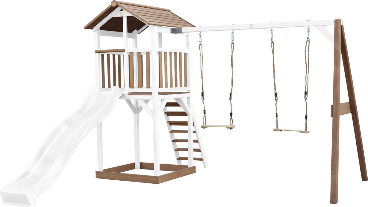 AXI Beach Tower Speeltoestel in Bruin/Wit - Speeltoren met Dubbele Schommel, Witte Glijbaan en Zandbak - FSC hout - Speelhuis op palen voor de tuin