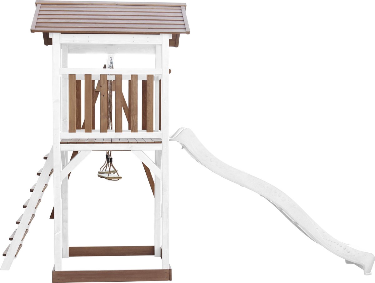 AXI Beach Tower Speeltoestel in Bruin/Wit - Speeltoren met Dubbele Schommel, Witte Glijbaan en Zandbak - FSC hout - Speelhuis op palen voor de tuin — afbeelding 18