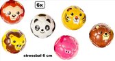 6x Stressbal  dieren 6,5cm assortie - Stress knijpbal dier spanning uitdeel verjaardag thema feest