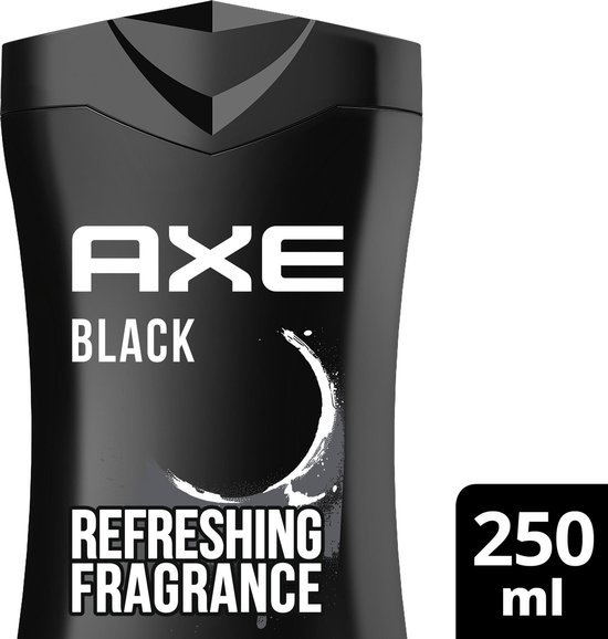 Zwarte Axe Black fles met tekst 'Refreshing Fragrance' en '250 ml'.