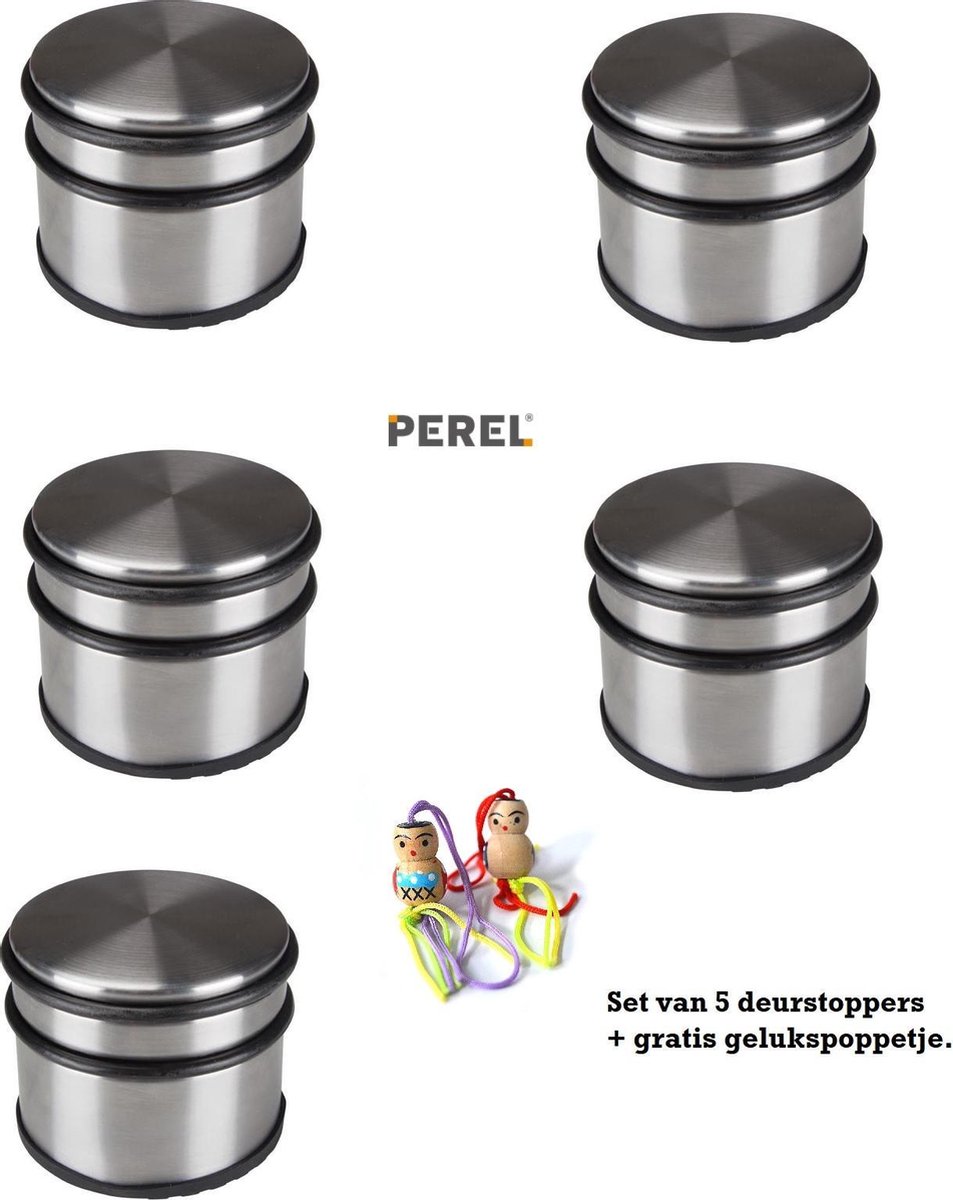 5 Stuks Perel RVS deurstopper actie gratis gelukspoppetje.