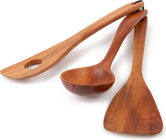 Khaya - houten kookgerei - 2 spatels & 1 soeplepel - duurzaam hout - vegan  | bol.com