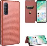 Voor OPPO Reno3 5G (Japanse versie) koolstofvezel textuur magnetische horizontale flip TPU + pc + PU lederen tas met kaartsleuf (bruin)