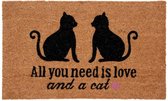 Deurmat Bruin All You Need Is Love And a Cat  | 45 x 75 x 2 CM | Kokosmat | Deurmat Binnen | Deurmat Buiten | Mat | Droogloopmat | Schoonloopmat | Deurmat Met Tekst |