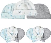 3-pack | Set Newborn babymutsjes + pasgebore baby krabwantjes | beer blauw grijs