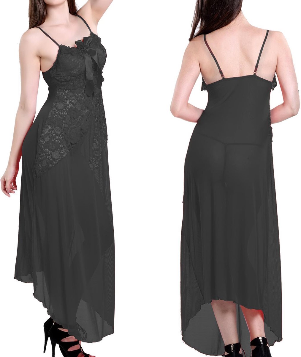 Goedkoopste Zwarte Nachtjapon met string (S622)- Taille unique maat 38/52