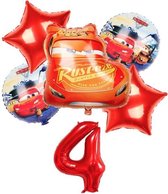 Geweldig 6 delig ballonpakket met 'Cars' en grote cijfer 4 (1 meter hoog)
