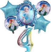 Geweldig 6 delig ballonpakket met 'Frozen Elsa en Anna' en grote cijfer 4 (80 cm hoog)