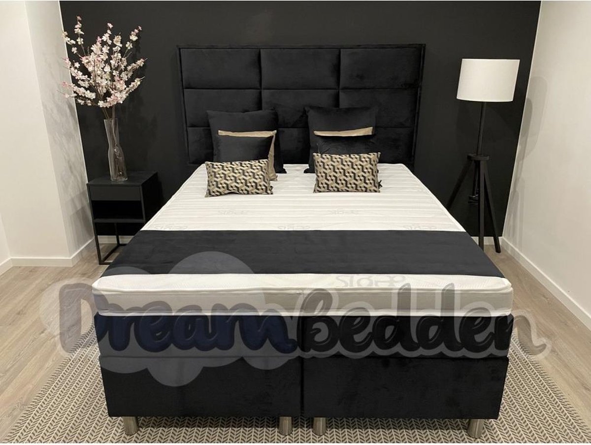 dreambedden Boxspring 180x220 Ferreira incl. Meegestofferde 7-zones Pocketvering matrassen & HR60 koudschuim Prestige topper. Zwart (Verona Black)
