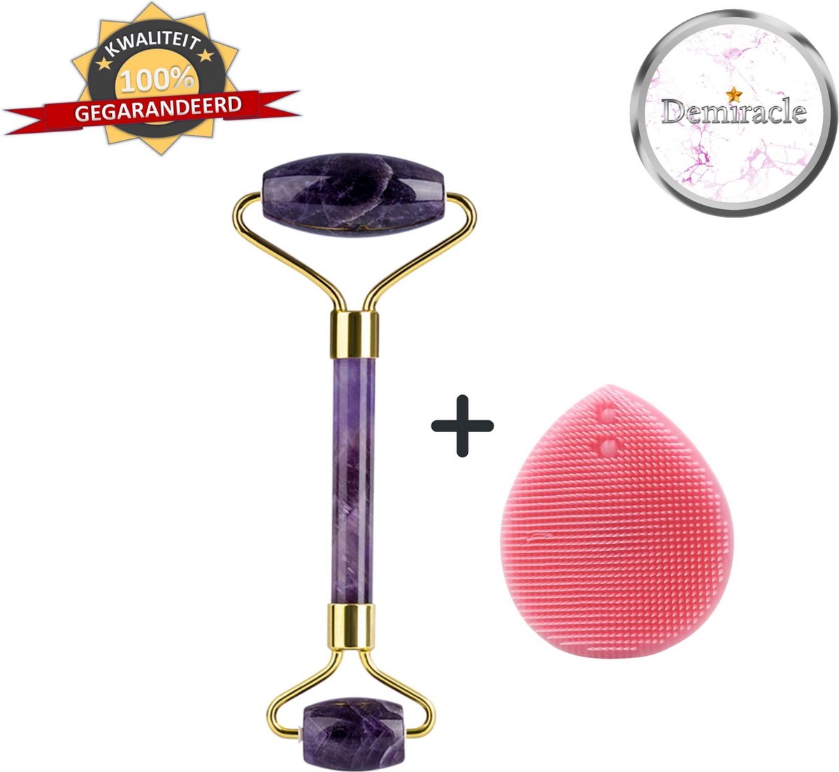 Goedkoopste Demiracle Amethist Face Roller met Roze Siliconen Gezichtsborstel - Cadeau - Gezichtsroller - Massage Roller - Jade Roller - Rimpelverwijdering - Ontspanning - Kwaliteit