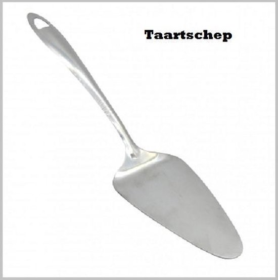 Zilverkleurige taartschep van roestvrij staal met een gat aan het uiteinde van het handvat.