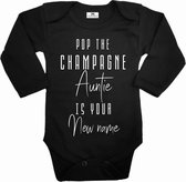 Rompertje lange mouw voor tante zwangerschap aankondiging-Pop the champagne Auntie is your new name-wit-zwart-Maat 56