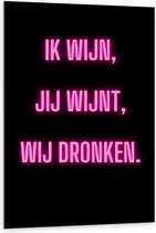 Dibond - Tekst: ''Ik Wijn, Jij Wijnt, WIj dronken'' Neon Letters Roze/Zwart - 80x120cm Foto op Aluminium (Wanddecoratie van metaal)