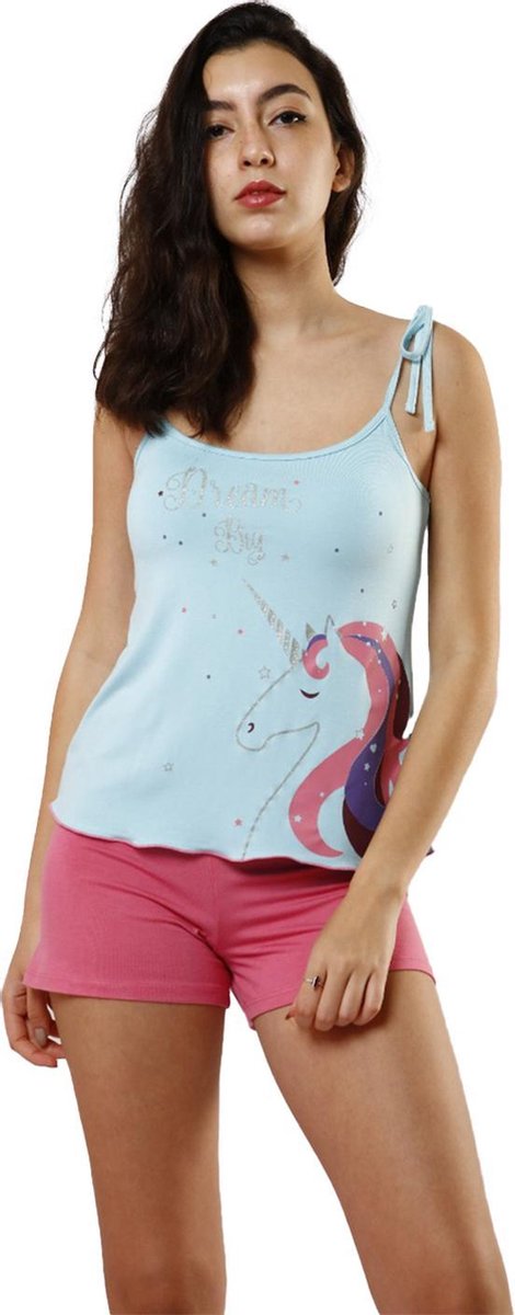 VANILLA – Dames pyjama/ zomer pyjama/ shortama - Pyjamasets – Tweedelig – Viscose – Blauw – L - Pj1309