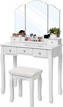 Klassieke Make-Up Cosmetica Visagie Tafel Met Spiegel - Meisjes Toilettafel Kaptafel Met Spiegel Stoel Kruk - Luxe Opmaaktafel Hout - Wit