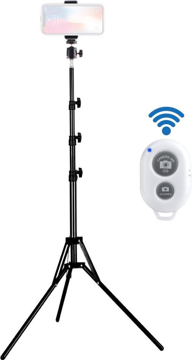 Statief smartphone en camera met telefoonhouder - statief telefoon en camera - 160 cm hoog - inclusief bluetooth afstandsbediening