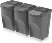 Set van 3x kunststof afvalscheidingsbakken grijs van 35 liter - Scheidingsprullenbakken